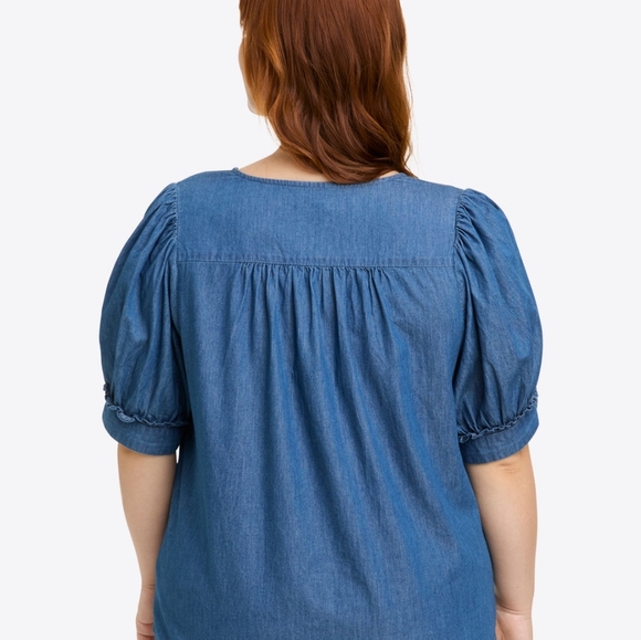 Draper James V-Neck Top in Chambray Puff Sleeve Blue XL - Picture 2 of 9